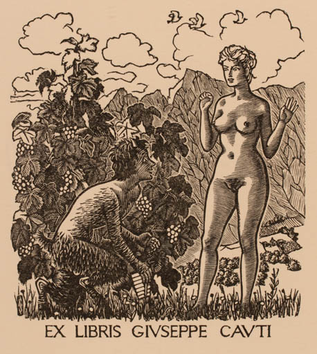 Exlibris by Mark F. Severin from Belgium for Giuseppe Cauti - Woman Mythology Nude Pan/Faun Wine 