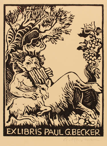 Exlibris by Helmut Ackermann from Germany for Paul G. Becker - Mythology Pan/Faun 