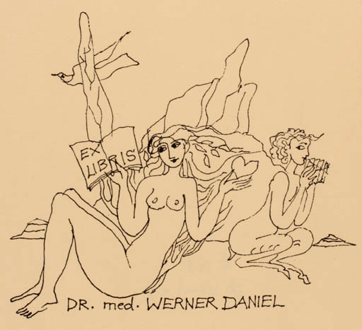 Exlibris by Elfriede Weidenhaus from Germany for Dr. Werner Daniel - Woman Mythology Pan/Faun 