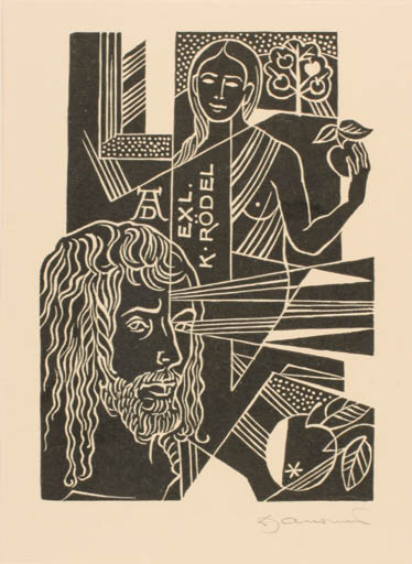 Exlibris by Dusan Janousek from Czech Republic for Klaus Rödel - Adam and Eve Portrait Religion 