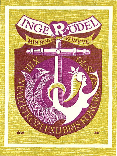 Exlibris by Christian Blæsbjerg from Denmark for Inge Rödel - Mermaid Maritime Mythology 