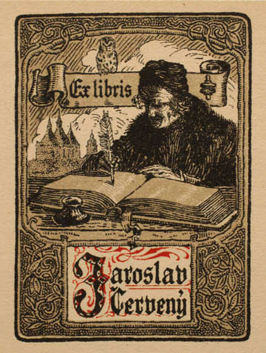 Exlibris by Vojta Joska from Czech Republic for Jaroslav Cervany - Book Man Portrait Owl Science 