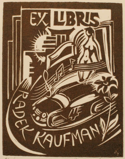 Exlibris by Jiri Kaufman from Czech Republic for Radek Kaufman - Car Book Woman Music 