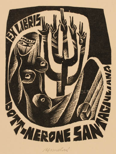 Exlibris by Anna Gremelova from Czechoslovakia for Dr. Nerone Santagiuliana - Hand(s) Woman 