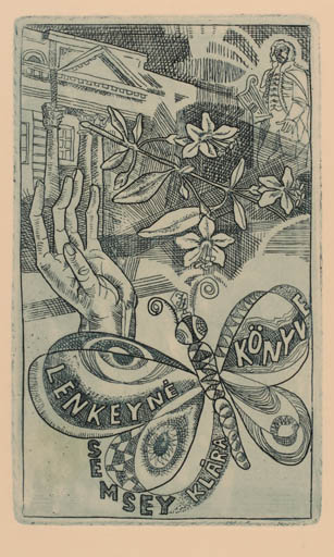 Exlibris by Janos Jozsa from Hungary for Klara Semsey - Hand(s) Butterfly Surrealism 