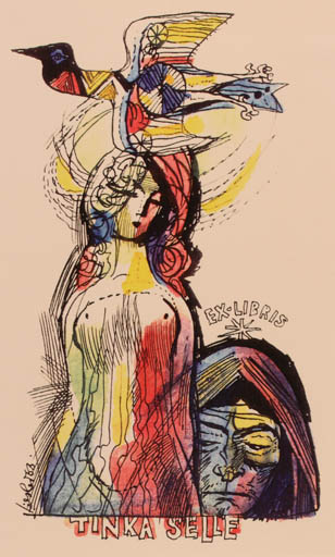 Exlibris by Josef Liesler from Czech Republic for Tinka Selle - Bird Woman Surrealism 