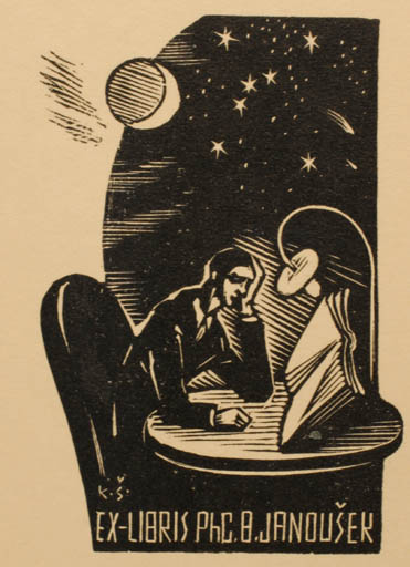 Exlibris by Karel Stech from Czech Republic for PhC. B. Janousek - Book Cosmos Man 