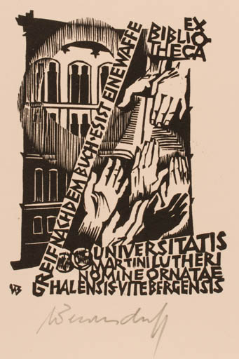 Exlibris by Ullrich Bewersdorff from Germany for Martin-Luther-Universität Halle-Wittenberg - Architecture Hand(s) 