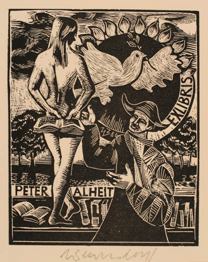 Exlibris by Ullrich Bewersdorff from Germany for Peter Alheit - Bird Woman 