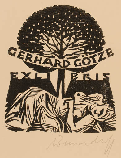 Exlibris by Ullrich Bewersdorff from Germany for Gerhard Götze - Woman Tree 