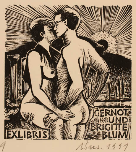 Exlibris by Ullrich Bewersdorff from Germany for Brigitte & Dr. Gernot Blum - Nude Couple Romance 