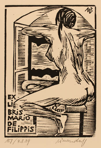 Exlibris by Ullrich Bewersdorff from Germany for Mario de Filippis - Woman Nude 