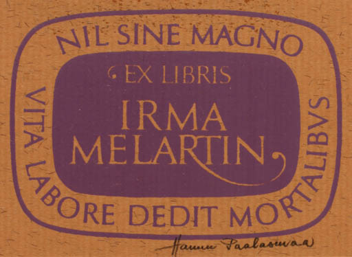 Exlibris by Hannu Paalasmaa from Finland for Irma Melartin - Text/Writing 