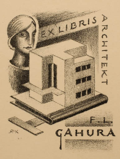 Exlibris by Ruda Kubicek from Czech Republic for F. j. Gahura - Architecture Book Woman Portrait 