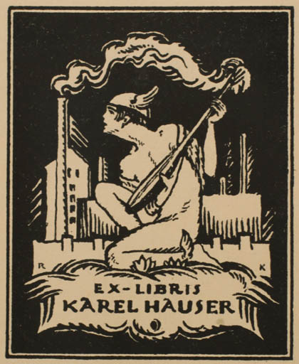 Exlibris by Ruda Kubicek from Czech Republic for Karel Hauser - City Hermes Man Music Mythology 