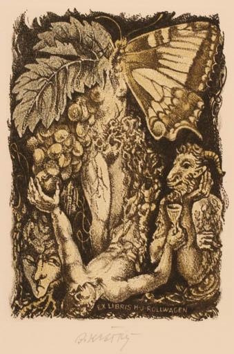 Exlibris by Bohumil Kratky from Czechoslovakia for H.J. Rollwagen - Fauna Butterfly Surrealism Wine 