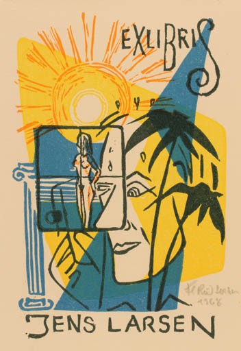 Exlibris by Flemming Rud Larsen from Denmark for Jens Larsen - Palm tree Sun Surrealism 