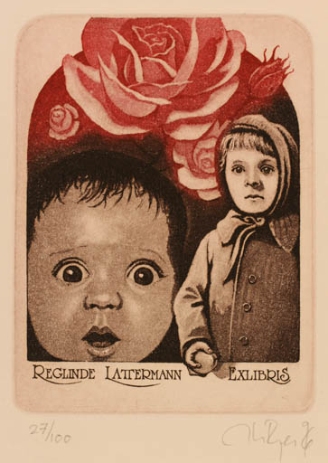 Exlibris by Philip Roger Keller from Schwitzerland for Reglinde Lattermann - Child Flower 