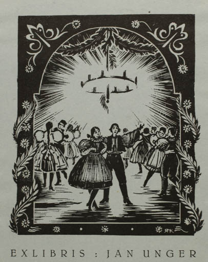 Exlibris by Ruda Kubicek from Czech Republic for Jan Unger - Dancing Music Couple 