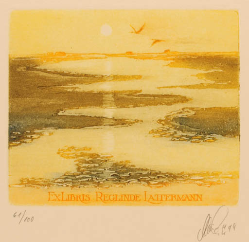 Exlibris by Monika Huger Keller from Schwitzerland for Reglinde Lattermann - Scenery/Landscape Sun 