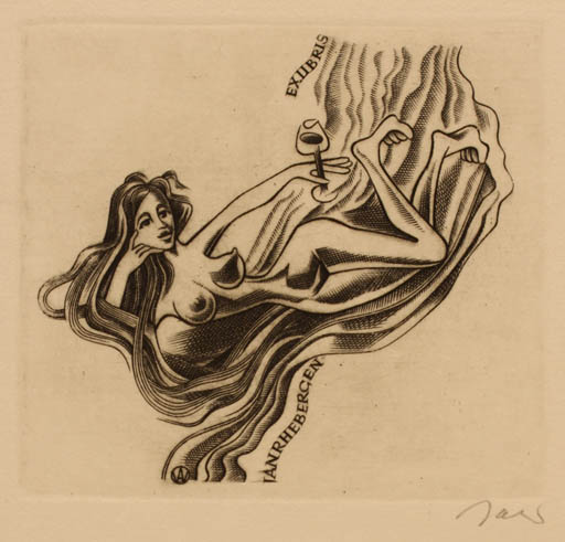 Exlibris by Wojciech Jakubowski from Poland for G. Jan Rhebergen - Woman Nude Wine 