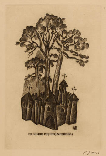 Exlibris by Wojciech Jakubowski from Poland for P. J. J. Peijnenburg - Castle/Palace Tree 