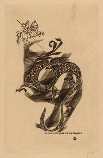 Exlibris by Wojciech Jakubowski from Poland for Ottmar Premstaller - Fauna Horse Sct.G. and the Dragon 