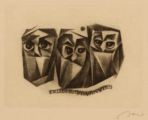 Exlibris by Wojciech Jakubowski from Poland for G. M. van Wees - Bird Owl 