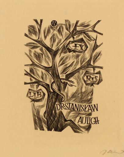 Exlibris by Wojciech Jakubowski from Poland for Dr. Stanislaw Aulich - Adam and Eve Fauna Flora Tree 