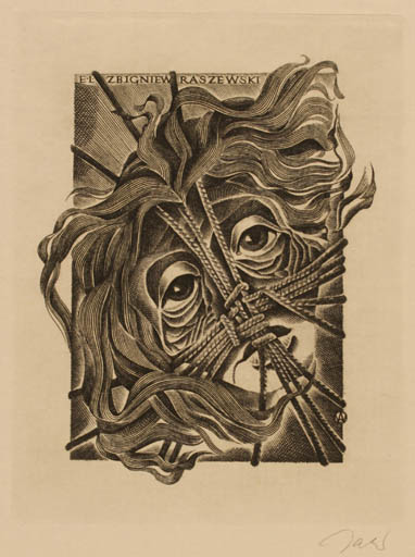 Exlibris by Wojciech Jakubowski from Poland for Zbigniew Raszewski - Portrait Surrealism 