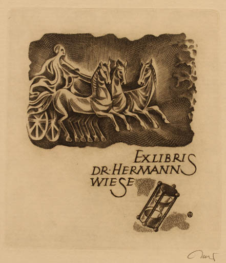 Exlibris by Wojciech Jakubowski from Poland for Dr. Hermann Wiese - Classical antiquity Horse 