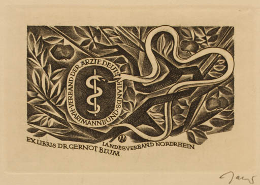 Exlibris by Wojciech Jakubowski from Poland for Dr. Gernot Blum - Medicine 