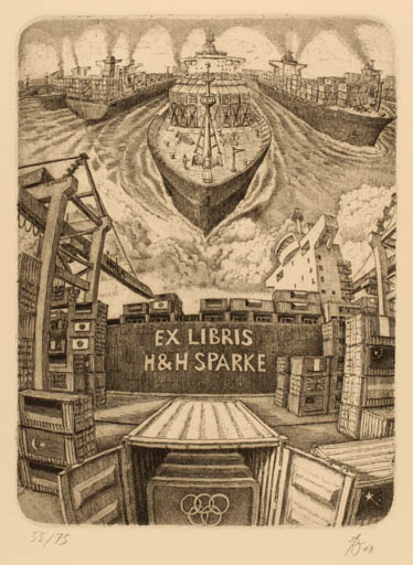 Exlibris by Andreas Raub from Germany for Heidi & Horst Sparke - Maritime Ship/Boat 