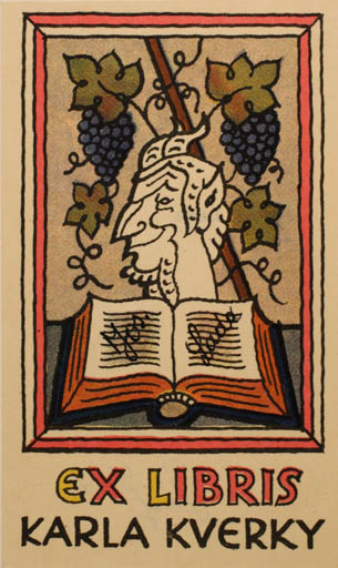Exlibris by Josef Lada from Czech Republic for Karla Kverky - Book Fable Animal Mythology Pan/Faun Wine 