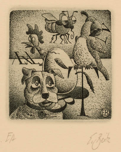 Exlibris by Erhard Beitz from Germany for Erhard Beitz - Bird Dog Insect 