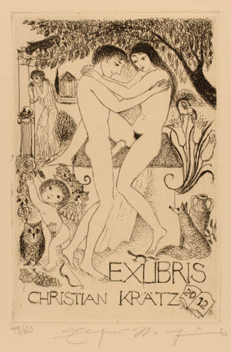 Exlibris by Elfriede Weidenhaus from Germany for Christian Krätz - Nude Couple 