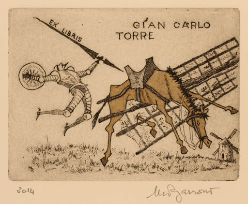 Exlibris by Marisa Regazzoni from Italy for Gian Carlo Torre - Don Quijote Horse Literature Mill Knight 