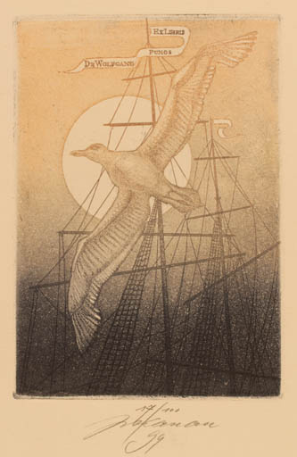 Exlibris by Jan Kavan from Czech Republic for Dr. Wolfgang Pungs - Bird Ship/Boat Sun 