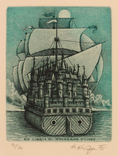 Exlibris by Herbert Kisza from Czech Republic for Dr. Wolfgang Pungs - City Ship/Boat Surrealism 