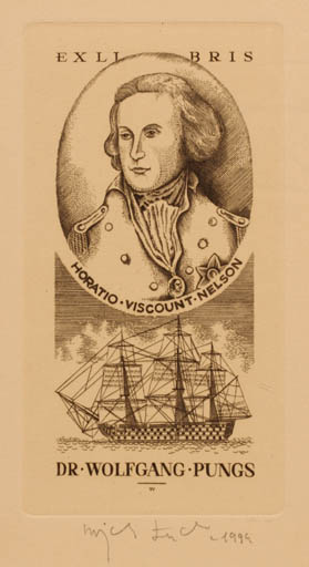 Exlibris by Wojciech Luczak from Poland for Dr. Wolfgang Pungs - Historical Person Military/War Portrait Ship/Boat 