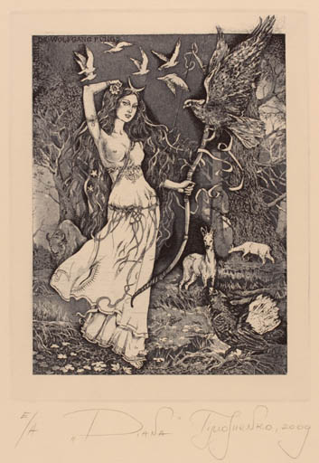 Exlibris by Evgenia Timoshenko from Belorussia for Dr. Wolfgang Pungs - Fauna Bird Woman Mythology 