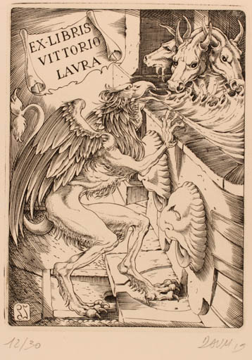 Exlibris by Luca Daum from Italy for Vittorio Laura - Fable Animal Mythology 