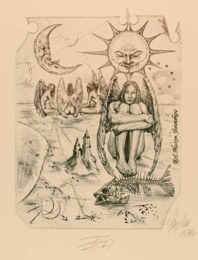 Exlibris by Günter Hujber from Czech Republic for Maxim Shevarkov - Angel Cosmos Sun Surrealism 