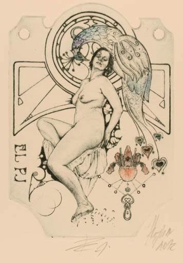 Exlibris by Günter Hujber from Czech Republic for P. J. - Bird Woman 