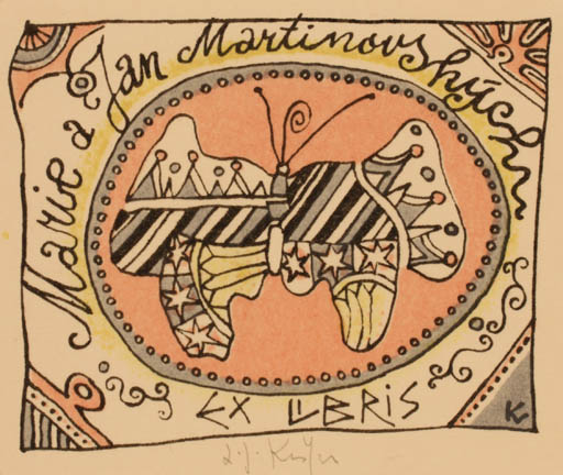 Exlibris by Ladislav J. Kaspar from Yugoslavia for Jan A Marie Martinovský - Butterfly 