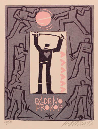 Exlibris by Miroslav Houra from Czech Republic for Dr. Ivoprokop - Sport/game Weapon 