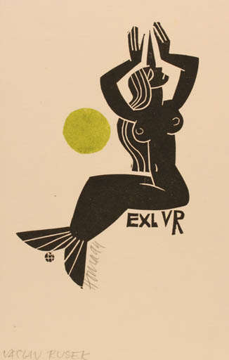 Exlibris by Miroslav Houra from Czech Republic for Vaclav Rusek - Mermaid 