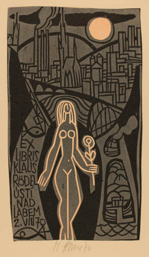 Exlibris by Miroslav Houra from Czech Republic for Klaus Rödel - City Woman 