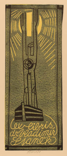 Exlibris by Miroslav Houra from Czech Republic for Vladimir Stanék - Man Ship/Boat Sun 