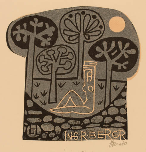 Exlibris by Miroslav Houra from Czech Republic for R. Bergr - Woman Sun Tree 